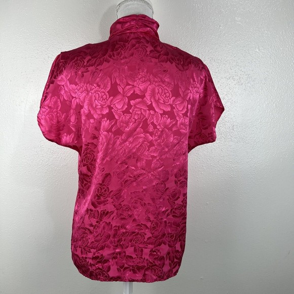 Greenwich Square Button Down Top Women 11/12 Pink Floral Embossed Satin Mandarin - Picture 4 of 13